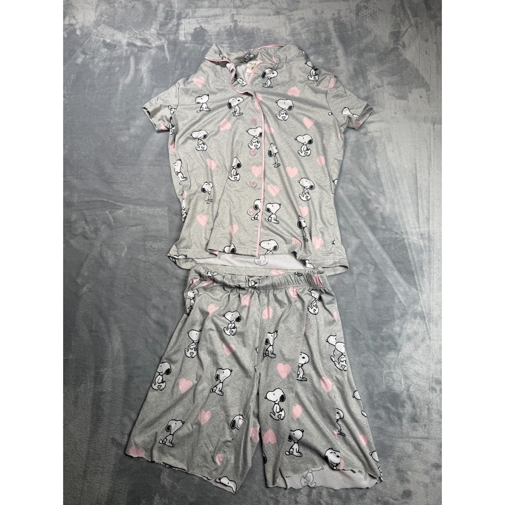 Munki Munki Peanuts Pajama Set Womens Small Gray Snoopy Print Button Front